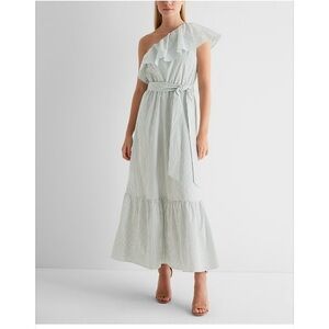 Express White and Blue Striped One Shoulder Ruffle Tie Waist Poplin Maxi Dress